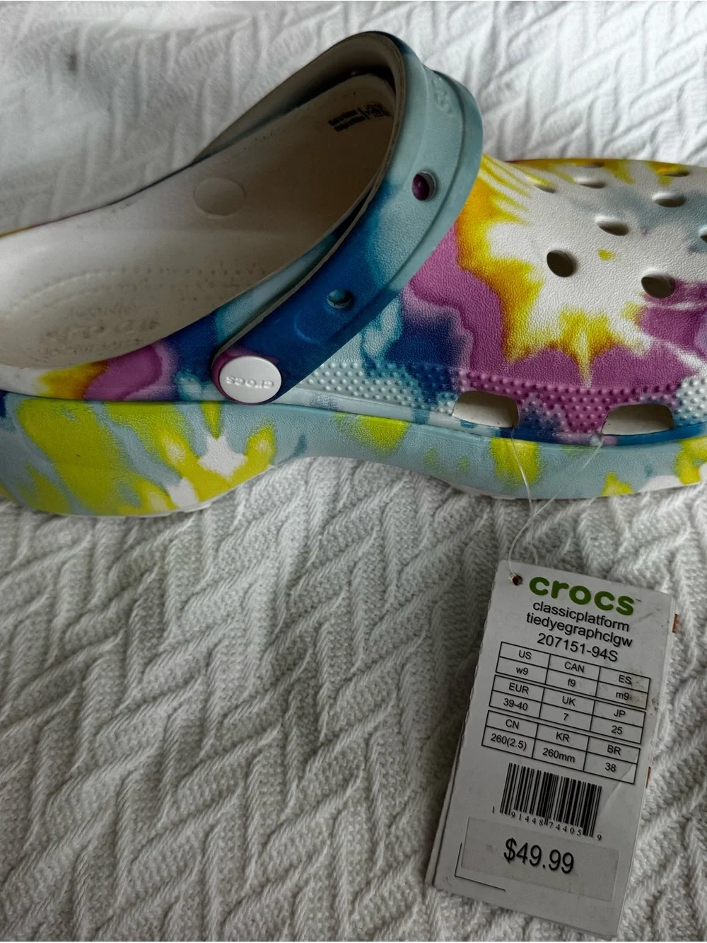 CROCS Classic Platform Clog in Tie-Dye Blue, Yellow, Purple